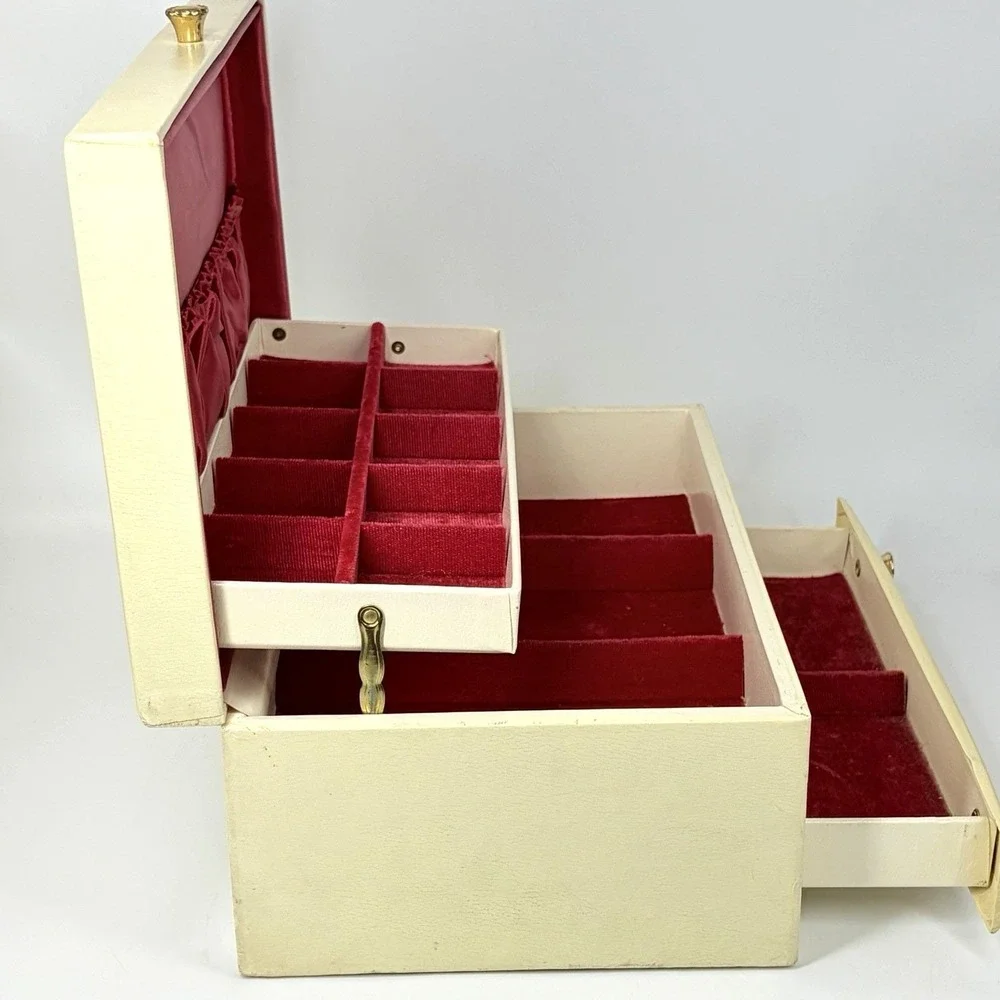 Vintage Jewelry Box Ivory Gold 3 Tier w/ Drawer Red Velvet Satin Lining 12x8